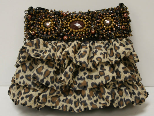 New with Tags Mary Frances Leopard Print, Ruffled Skirt Handbag “Call of the Wild”