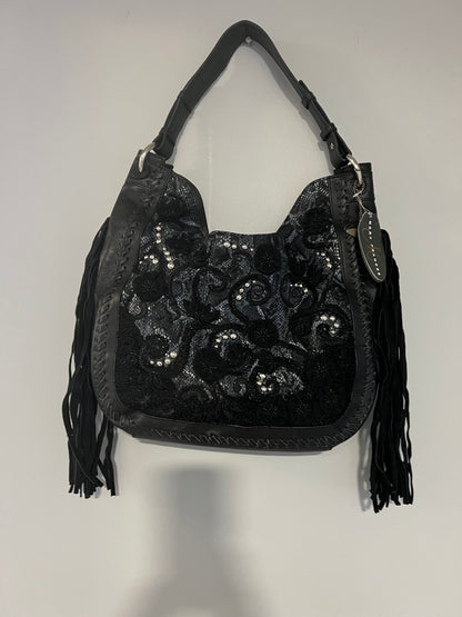 New with Tags Mary Frances Black Tote Shoulder Bag “Leather and Lace”