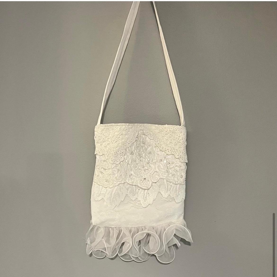 Elegant handmade white lace wedding bag